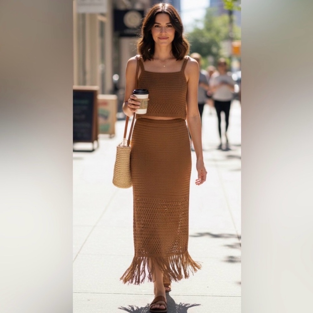 House of Harlow 1960 Tan Fringe Skirt Set